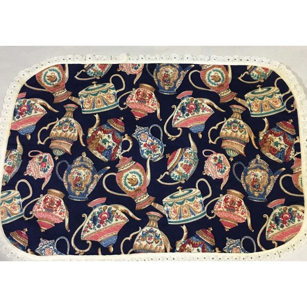 Fabric Kitchen Placemat of Vintage Teapots  Navy w Cream Lace Trim